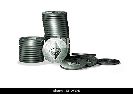 Grande pila di Ethereum classic (ETC) monete isolati su sfondo bianco. ETC concetto di crescita. Nuovo denaro virtuale, 3D render. Foto Stock