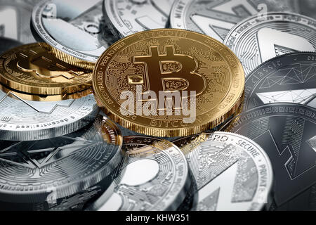 Cryptocurrencies differenti e un golden bitcoin nel mezzo di close-up shot. Diverso concetto cryptocurrencies. 3D illustrazione Foto Stock