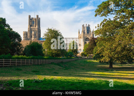 Ely Cambridgeshire, la cattedrale della città visto da Cherry Hill Park, Ely, Cambridgeshire, Regno Unito. Foto Stock