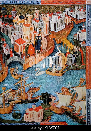 Dipinto raffigurante Marco Polo lascia Venezia. Marco Polo (1254-1324) un mercante veneziano viaggiatore. Datata xiii secolo Foto Stock