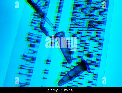 La ricerca genetica, la pipetta e campioni di DNA sul DNA autoradiogramma illustrante la ricerca nelle scienze della vita e la modificazione genetica Foto Stock