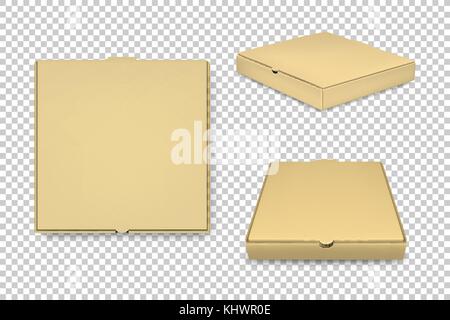 Vettore realistico brown scatole per pizza icon set. corporate identity e elementi di branding. closeup isolato su sfondo trasparente. design modello, mockup in eps10. Illustrazione Vettoriale