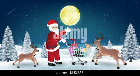 Babbo Natale con le renne e shopping bag su carrello Illustrazione Vettoriale