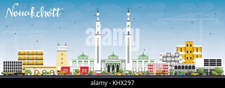 Nouakchott mauritania skyline con edifici di colore e cielo blu. illustrazione vettoriale. viaggi di affari e di turismo con il concetto di architettura moderna. Illustrazione Vettoriale