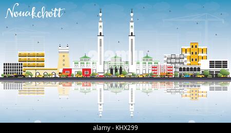 Nouakchott mauritania skyline con edifici di colore, cielo blu e riflessi. illustrazione vettoriale. business viaggi e turismo concept Illustrazione Vettoriale