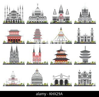 Edifici religiosi set isolato su sfondo bianco. illustrazione vettoriale. moschea, tempio, sinagoga, la chiesa. Illustrazione Vettoriale