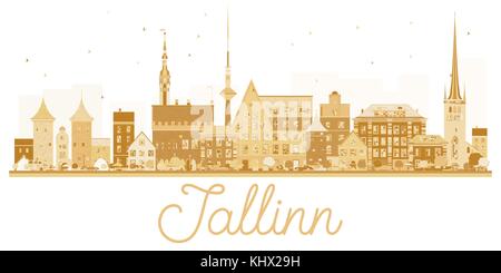 Tallinn City skyline golden silhouette. illustrazione vettoriale. business travel concept. cityscape con punti di riferimento. Illustrazione Vettoriale