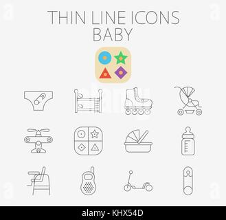 Baby linea sottile vector icon set per il web e mobile. Il set include - pin, aereo, culla, carrozzina, scooter, pannolini, letto a castello, pattino a rotelle, educativo gam Illustrazione Vettoriale