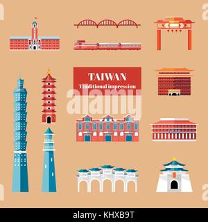 Taiwan concetto di viaggio, famose attrazioni di Taipei raccolta nel design piatto Illustrazione Vettoriale