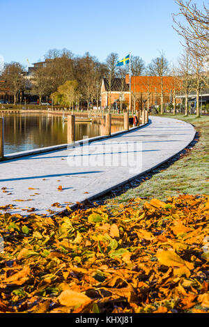 Vaxjo, Svezia - 13 novembre 2017: Documentario sulla vita quotidiana e sull'ambiente. La passerella ghiacciata del lago Vaxjo in una mattina di sole autunnale. Svedese f Foto Stock