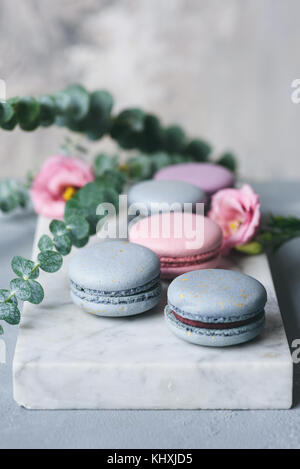 Macarons pastello o amaretto sulla tavola di marmo con fiori di colore rosa. Pasticceria francese. Messa a fuoco selettiva Foto Stock