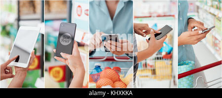 La gente gli acquisti al supermercato, essi sono il controllo dei prodotti e offre online utilizzando tablet e smartphone, collage di foto Foto Stock