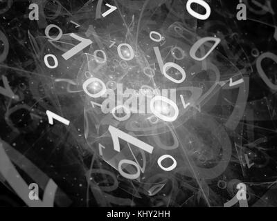 Dati di grande incandescente flusso binario texture in spazio, generato dal computer sfondo astratto, bianco e nero, rendering 3D Foto Stock