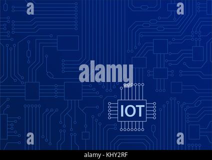 Iot testo visualizzato sulla scheda a circuito stampato con sfondo blu. internet delle cose concetto illustrazione vettoriale Illustrazione Vettoriale