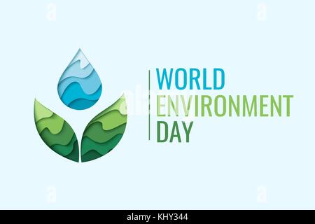 La Giornata mondiale dell ambiente - vettore abstract concept waterdrop. Salvare l'acqua - concetto di ecologia sfondo con carta tagliata goccia d'acqua e foglie verdi Illustrazione Vettoriale