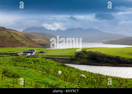 I vertici della Black Cuillin Hills emergono dalle nuvole, visto dal di sopra Gesto Bay sull'Isola di Skye. Highland, Scotland, Regno Unito Foto Stock