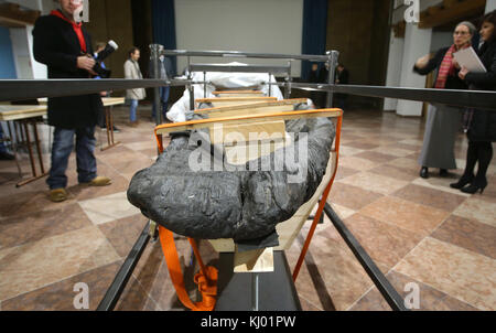 Ettal, Germania. 23 novembre 2017. Una longboat celtica parzialmente svelata, di circa 3000 anni, fatta di quercia, in mostra nel Monastero Ettal di Ettal, in Germania, il 23 novembre 2017. L'oggetto lungo 15,5 metri e pesante più di due tonnellate è una mostra dell'esposizione statale bavarese del 2018 "Foresta, montagna e magicamente sogno - il mito della Baviera" nel monastero Ettal. La longboat, trovata nel lago Starnberg negli anni '1980, fu presentata per la prima volta al pubblico dopo decenni di lavori di restauro. Crediti: Karl-Josef Hildenbrand/dpa/Alamy Live News Foto Stock