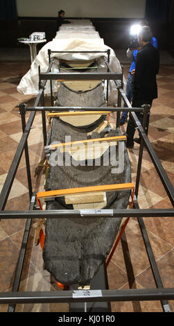 Ettal, Germania. 23 novembre 2017. Una longboat celtica parzialmente svelata, di circa 3000 anni, fatta di quercia, in mostra nel Monastero Ettal di Ettal, in Germania, il 23 novembre 2017. L'oggetto lungo 15,5 metri e pesante più di due tonnellate è una mostra dell'esposizione statale bavarese del 2018 "Foresta, montagna e magicamente sogno - il mito della Baviera" nel monastero Ettal. La longboat, trovata nel lago Starnberg negli anni '1980, fu presentata per la prima volta al pubblico dopo decenni di lavori di restauro. Crediti: Karl-Josef Hildenbrand/dpa/Alamy Live News Foto Stock