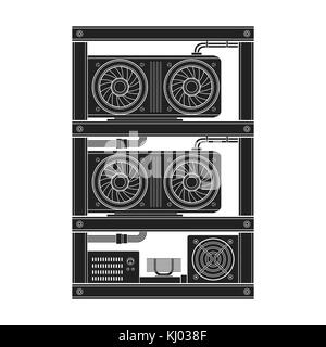 Vector nero monocromatico minatore gpu rig farm crypto cambio unità di elaborazione grafica del dispositivo illustrazione solido isolato su sfondo bianco Illustrazione Vettoriale