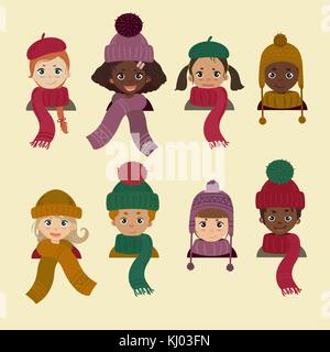 I bambini in diversi copricapo. autunno inverno hat Illustrazione Vettoriale