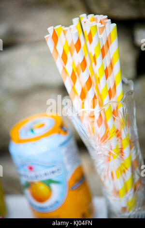 Mazzetto di strisce di bere cannucce in vaso e possibile di succo di arancia, close up Foto Stock