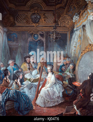 Jean Baptiste Gautier d'Agoty - Marie Antoinette de Habsbourg (1754 - 1793), regina di Francia, avente il suo ritratto dipinto nella sua camera da letto nel 1777 a Versailles Foto Stock