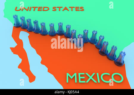 Illustrazione 3D di una catena di scacchi blu trasparenti, collocata al confine tra Stati Uniti e Messico in una mappa regionale. Foto Stock
