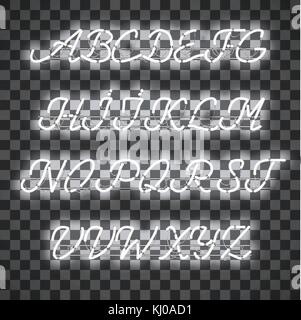 Luce bianca neon maiuscolo font script Illustrazione Vettoriale