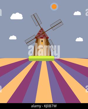 Colorata, silhouette e mulino di contorno su un isolato sfondo bianco. mulino in design piatto Illustrazione Vettoriale