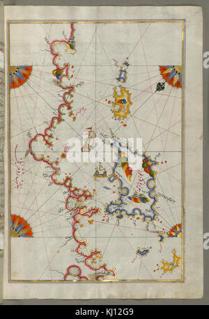 La mappa creata da Piri Reis nel XVI secolo mostra le isole di Corfù e Paxi, evidenziando il significato storico della cartografia mediterranea. Foto Stock