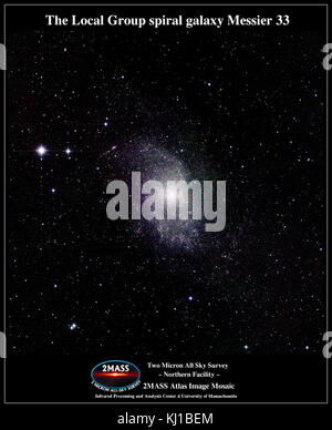 Messier 033 (M33), nota anche come galassia del Triangulum, è una galassia a spirale situata nella costellazione del Triangulum. È una delle galassie più vicine alla via Lattea e un membro di spicco del gruppo locale di galassie. Questa immagine, catturata dal sondaggio 2MASS, evidenzia la struttura della galassia e la popolazione stellare. Foto Stock