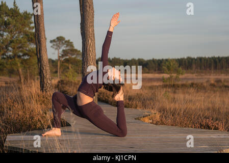 Donna fare yoga, re pigeon pongono Foto Stock