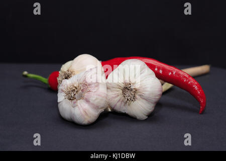 Alcune teste di aglio e peperoncino rosso su sfondo scuro Foto Stock