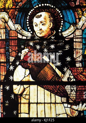 San Tommaso d Aquino mostrata in una finestra di vetro colorato (Cappella Strozzi di Mantova. La cappella Strozzi di Mantova. A metà del XIV secolo; la Chiesa italiana. San Tommaso d Aquino (1225 - 1274), era un italiano, il frate domenicano, sacerdote cattolico e dottore della Chiesa. Egli era un immensamente influente filosofo, teologo e giurista nella tradizione scolastica Foto Stock