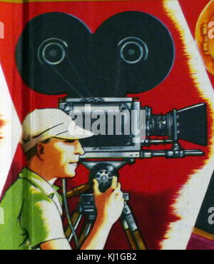 1950 Inglese illustrazione raffigurante un televisore portatile telecamera essendo utilizzato per il broadcasting esterno Foto Stock