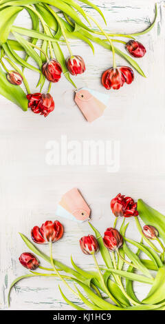 Bella rossa di tulipani curvo con tag in bianco sullo sfondo di legno, vista dall'alto, verticale bordo floreale. fiori di primavera concept Foto Stock