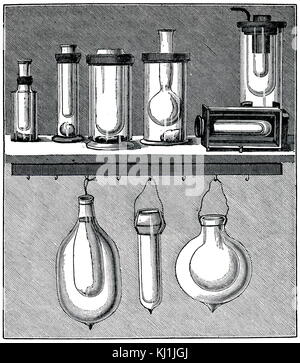Incisione raffigurante James Dewar's beute da vuoto - (top) vecchi matracci per manipolare i gas liquidi - (fondo) il suo nuovo beute da vuoto. Sir James Dewar (1842-1923) un scozzese chimico e fisico. In data xx secolo Foto Stock