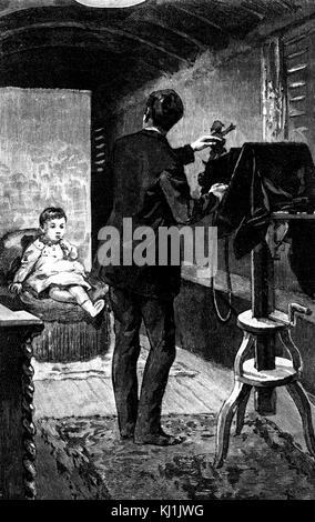 Cartoon raffigurante un fotografo di studio da George du Maurier. George du Maurier (1834-1896) un fumettista franco-britannica e l'autore. Datata del XIX secolo Foto Stock