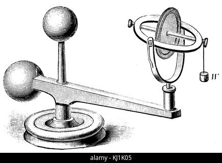 Incisione raffigurante un giroscopio elettrico, un dispositivo costituito da una ruota o disco montato in modo che esso possa ruotare rapidamente attorno ad un asse che di per sé è libera di modificare in direzione. Datata del XIX secolo Foto Stock