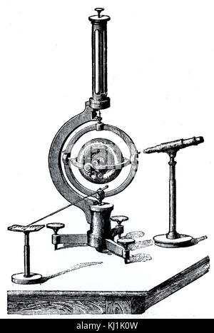 Incisione raffigurante un giroscopio, un dispositivo costituito da una ruota o disco montato in modo che esso possa ruotare rapidamente attorno ad un asse che di per sé è libera di modificare in direzione. Datata del XIX secolo Foto Stock