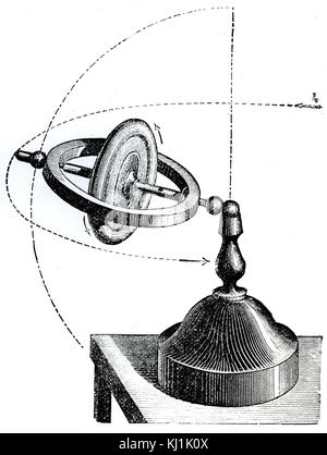 Incisione raffigurante un giocattolo giroscopio (o Magic Top). Un giroscopio è un dispositivo costituito da una ruota o disco montato in modo che esso possa ruotare rapidamente attorno ad un asse che di per sé è libera di modificare in direzione. Datata del XIX secolo Foto Stock