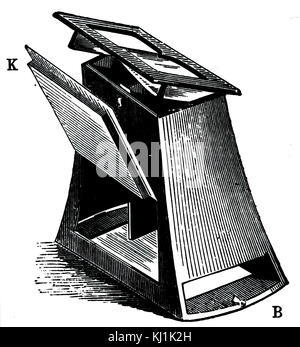 Incisione raffigurante un stereoscopio di Wheatstone. Sir Charles Wheatstone (1802-1875) uno scienziato inglese e inventore dell'epoca Vittoriana. Datata del XIX secolo Foto Stock