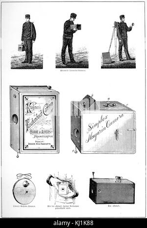 Incisioni raffiguranti vari tipi di telecamere precoce per il fotografo amatoriale compresi, Centro in basso e destra, la casella Kodak fotocamera. Datata del XIX secolo Foto Stock
