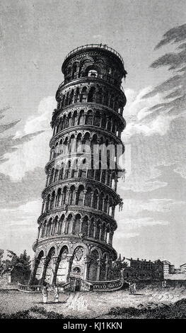 Incisione raffigurante la Torre Pendente di Pisa, il campanile, o freestanding campanile della cattedrale della città italiana di Pisa, conosciuta in tutto il mondo per la sua inclinazione non intenzionale. Ha osato del XIX secolo Foto Stock