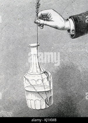 Incisione raffigurante un esperimento che dimostra il centro di gravità. Il sollevamento di una bottiglia piena di acqua con una sola paglia. Il centro di gravità è spostato e portato al di sotto del punto di sospensione. Datata del XIX secolo Foto Stock