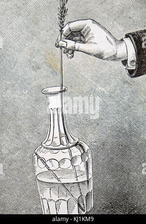 Incisione raffigurante un esperimento che dimostra il centro di gravità. Il sollevamento di una bottiglia piena di acqua con una sola paglia. Il centro di gravità è spostato e portato al di sotto del punto di sospensione. Datata del XIX secolo Foto Stock