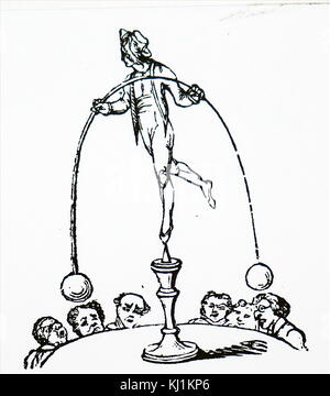 Incisione raffigurante un circense il bilanciamento in cima a un podio. Datata del XIX secolo Foto Stock