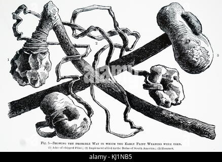 Incisione raffigurante la ricostruzione del probabile metodo di montaggio di età della pietra attrezzi. Datata del XIX secolo Foto Stock