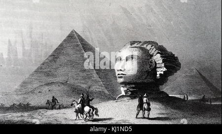 Incisione raffigurante le Piramidi di Giza e della Sfinge, noto anche come la Piramide di Giza complesso. Datata del XIX secolo Foto Stock