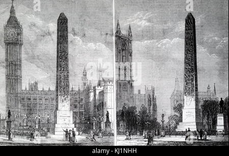 Incisione raffigurante i siti suggeriti per il Cleopatra Needle a Londra. Datata del XIX secolo Foto Stock